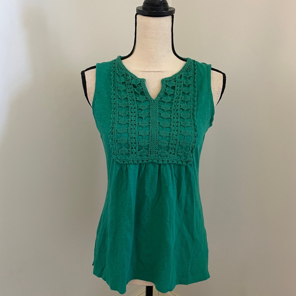 Talbots Green Crochet Top sz‎ XS Lace Bib Split Neck Cotton Slub Shirt Boho Chic